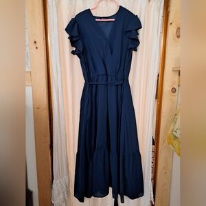 Elegant Navy Blue Ruffle Sleeve Dress